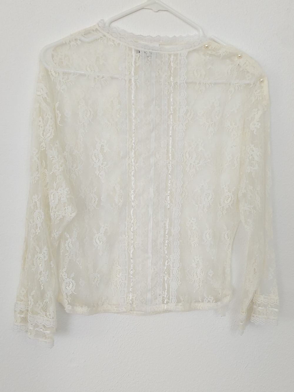 Vintage Sheer Lace Long-Sleeve Top With Cinched Waist in Ivory